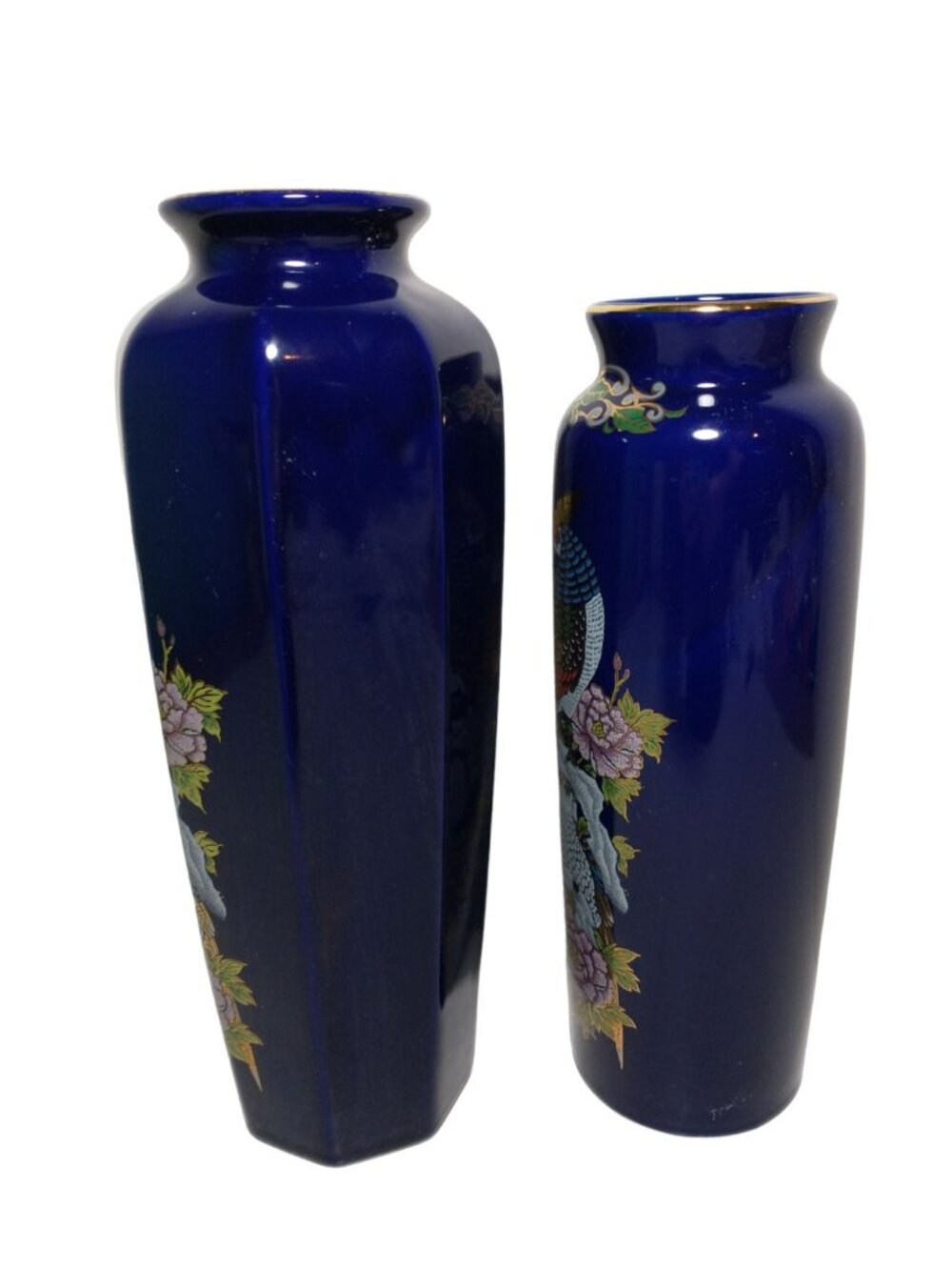 Vtg Cobalt Blue Vase with Pheasant Gold Accents Lot of 2 Japan Signed - Picture 2 of 10